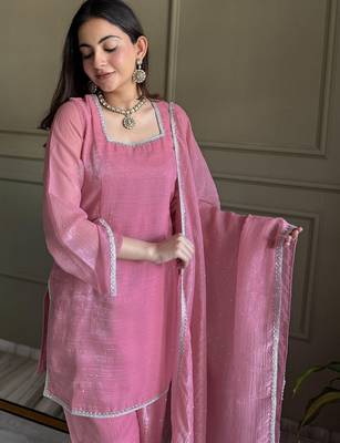Pink color crunchy silk fabric designer ceremonial salwar suit for girlie party looks 3