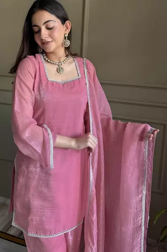 Pink color crunchy silk fabric designer ceremonial salwar suit for girlie party looks