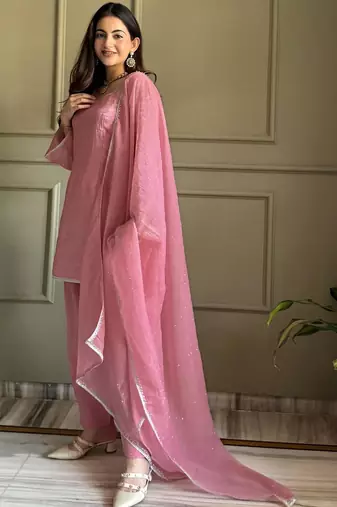 Pink color crunchy silk fabric designer ceremonial salwar suit for girlie party looks