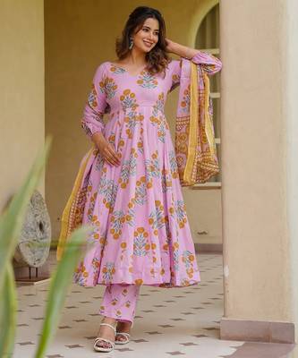 Pink color designer cotton silk fabric designer printed readymade suit 1