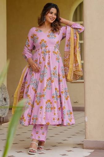 Pink color designer cotton silk fabric designer printed readymade suit