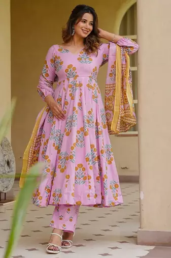Pink color designer cotton silk fabric designer printed readymade suit