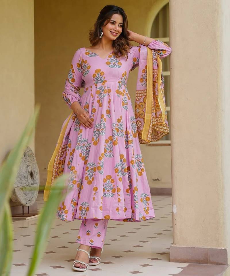 Pink color designer cotton silk fabric designer printed readymade suit