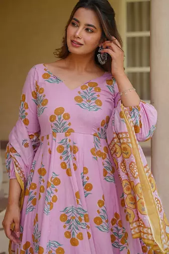 Pink color designer cotton silk fabric designer printed readymade suit