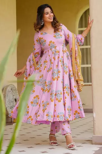 Pink color designer cotton silk fabric designer printed readymade suit