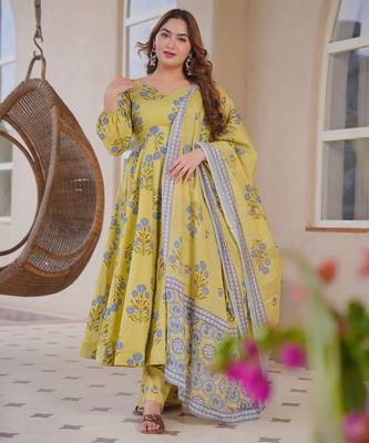 Yellow color designer cotton silk fabric designer printed readymade suit 1