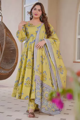 Yellow color designer cotton silk fabric designer printed readymade suit