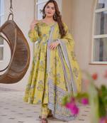 Yellow color designer cotton silk fabric designer printed readymade suit