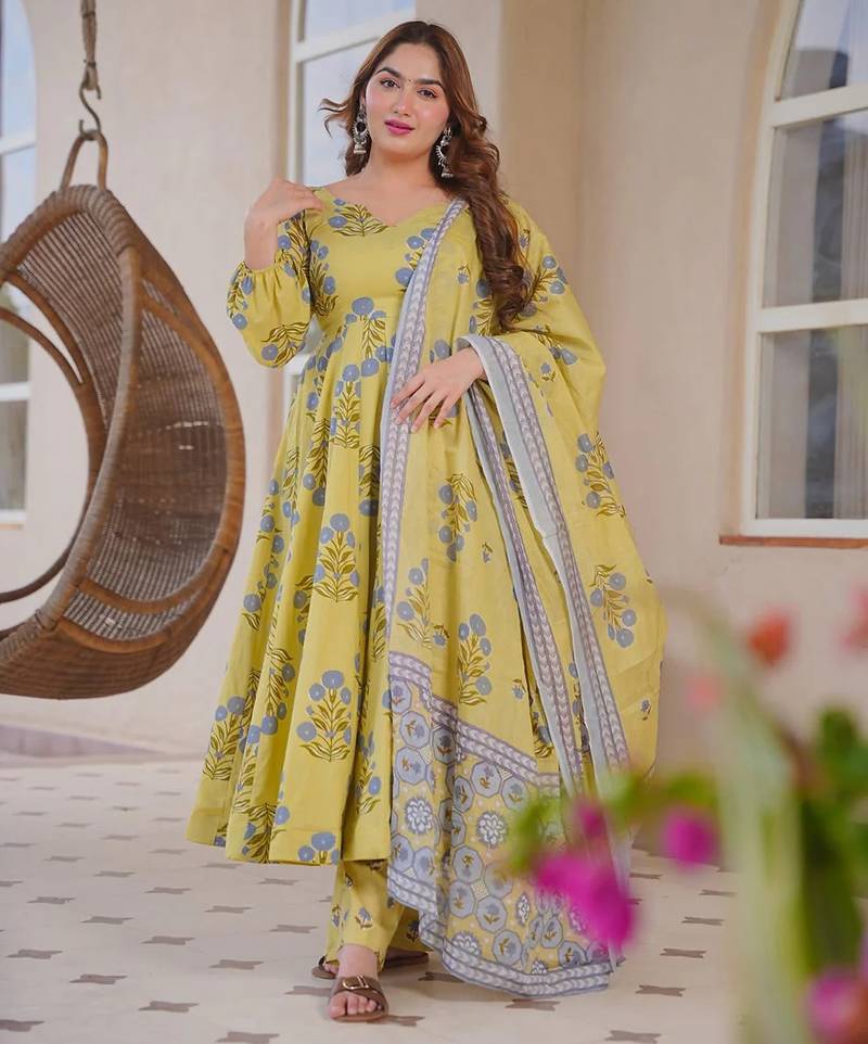 Yellow color designer cotton silk fabric designer printed readymade suit