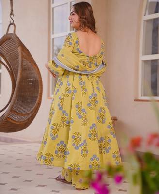 Yellow color designer cotton silk fabric designer printed readymade suit 2
