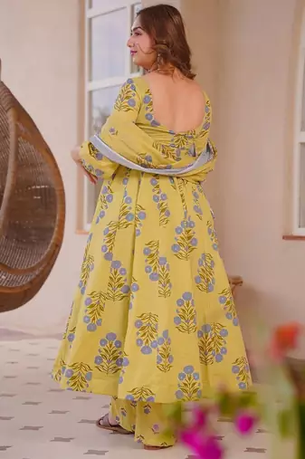 Yellow color designer cotton silk fabric designer printed readymade suit