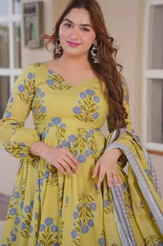 Yellow color designer cotton silk fabric designer printed readymade suit