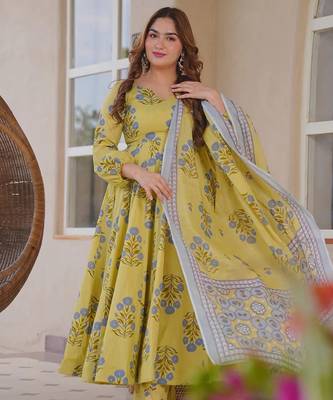 Yellow color designer cotton silk fabric designer printed readymade suit 4