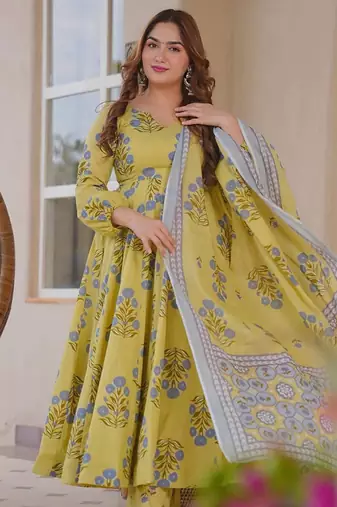 Yellow color designer cotton silk fabric designer printed readymade suit