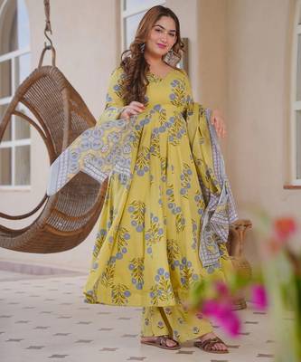 Yellow color designer cotton silk fabric designer printed readymade suit 5