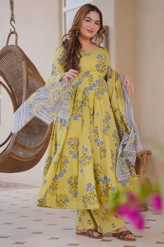 Yellow color designer cotton silk fabric designer printed readymade suit
