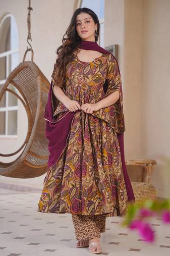 Brown color designer cotton silk fabric designer printed readymade suit