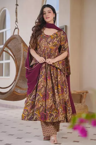 Brown color designer cotton silk fabric designer printed readymade suit