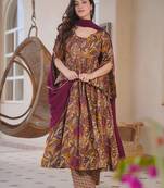 Brown color designer cotton silk fabric designer printed readymade suit