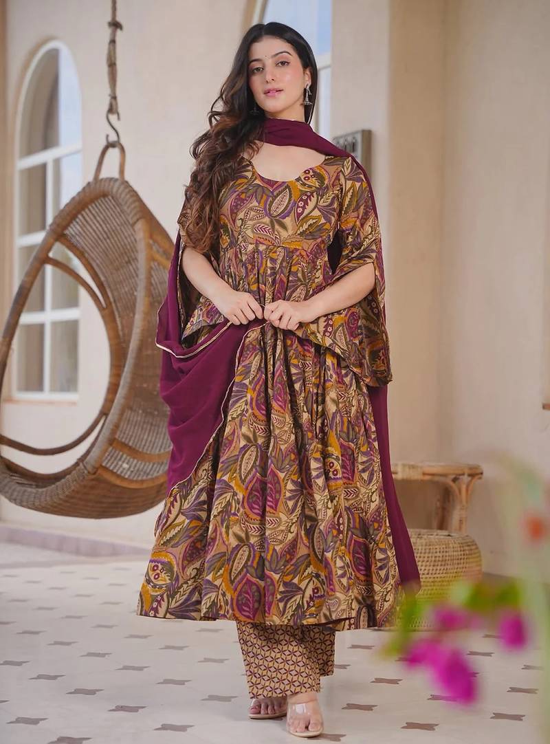 Brown color designer cotton silk fabric designer printed readymade suit
