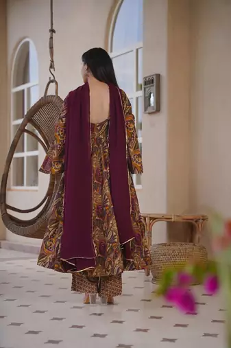 Brown color designer cotton silk fabric designer printed readymade suit