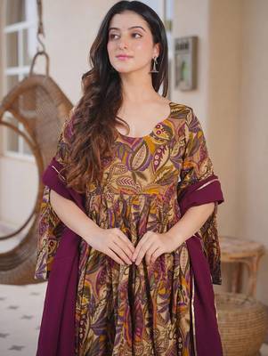 Brown color designer cotton silk fabric designer printed readymade suit 3