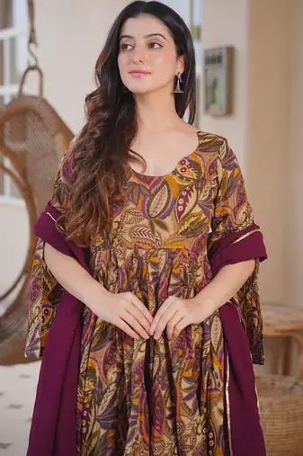 Brown color designer cotton silk fabric designer printed readymade suit
