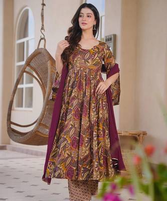 Brown color designer cotton silk fabric designer printed readymade suit 4