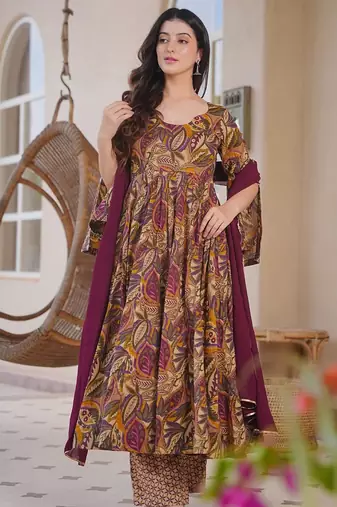 Brown color designer cotton silk fabric designer printed readymade suit