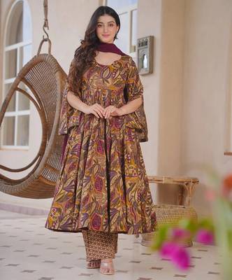 Brown color designer cotton silk fabric designer printed readymade suit 5