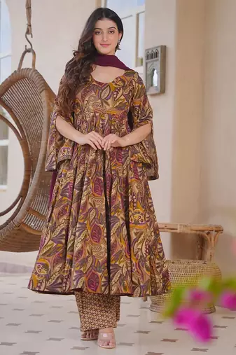 Brown color designer cotton silk fabric designer printed readymade suit