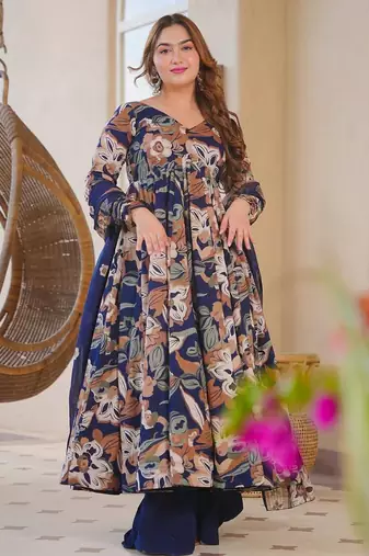 Blue color designer cotton silk fabric designer printed readymade suit