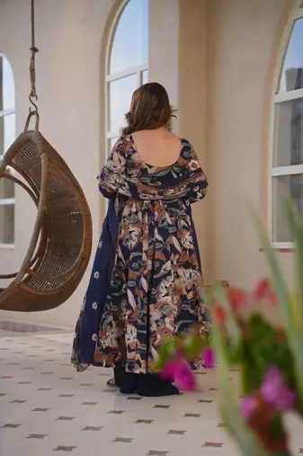 Blue color designer cotton silk fabric designer printed readymade suit
