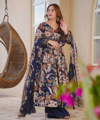 Blue color designer cotton silk fabric designer printed readymade suit 4