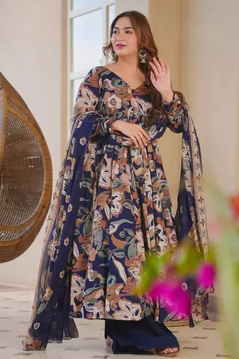 Blue color designer cotton silk fabric designer printed readymade suit