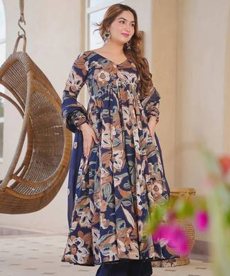 Blue color designer cotton silk fabric designer printed readymade suit 5