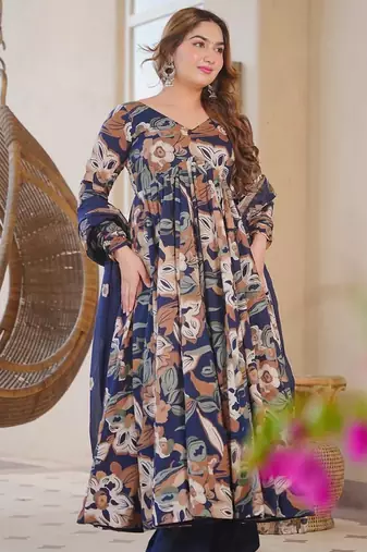 Blue color designer cotton silk fabric designer printed readymade suit