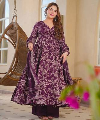 Purple color designer cotton silk fabric designer printed readymade suit 1