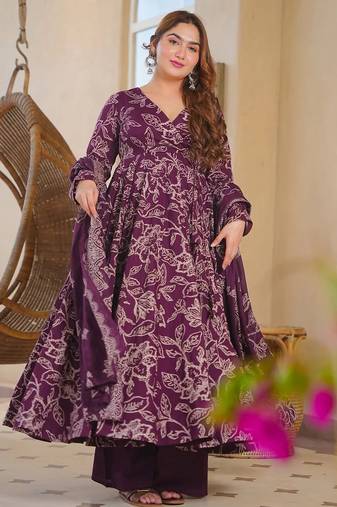 Purple color designer cotton silk fabric designer printed readymade suit