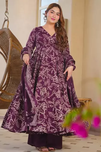 Purple color designer cotton silk fabric designer printed readymade suit