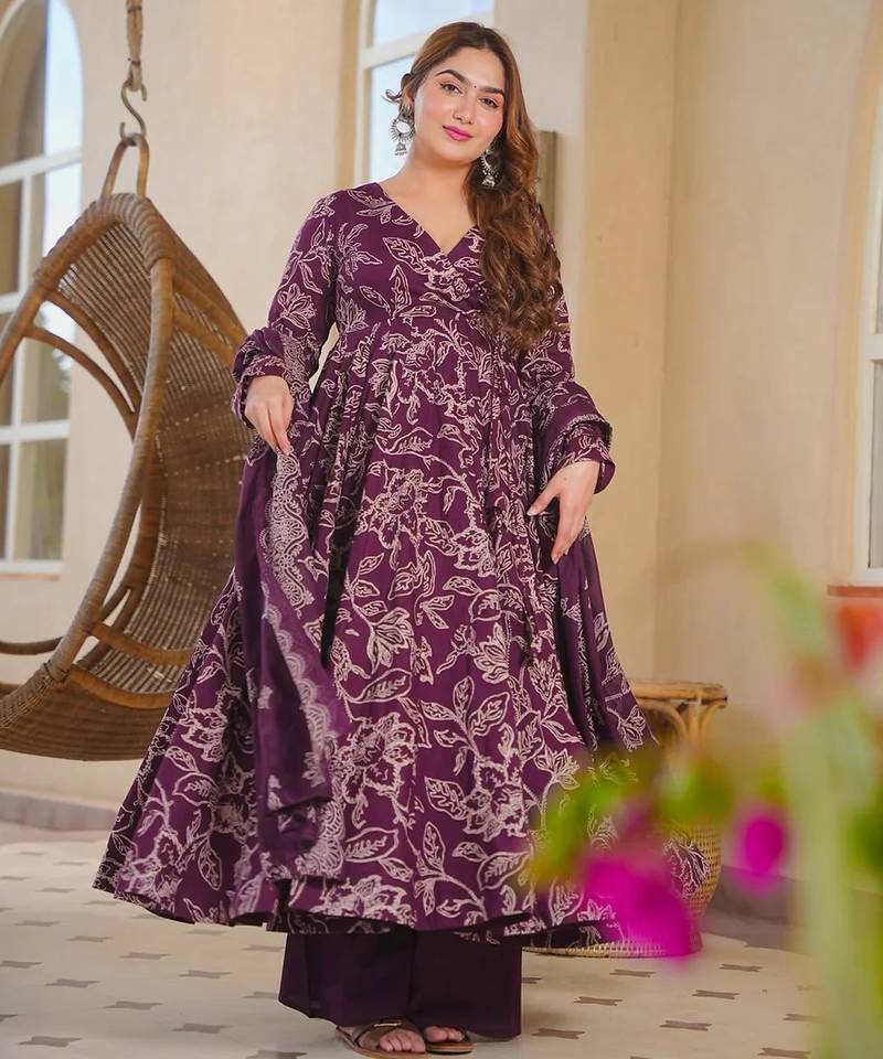 Purple color designer cotton silk fabric designer printed readymade suit