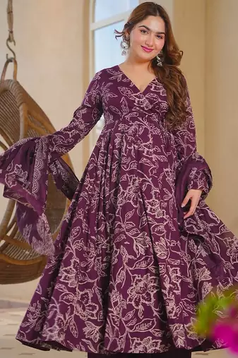 Purple color designer cotton silk fabric designer printed readymade suit