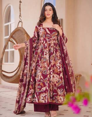 Maroon color designer cotton silk fabric designer printed readymade suit 1