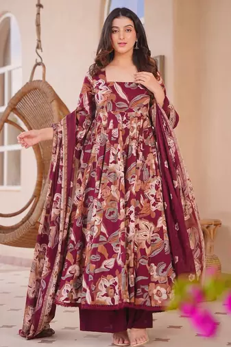 Maroon color designer cotton silk fabric designer printed readymade suit