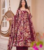 Maroon color designer cotton silk fabric designer printed readymade suit
