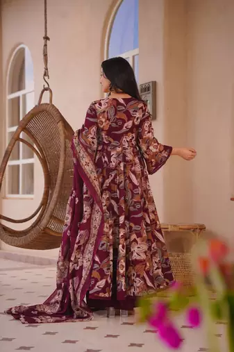 Maroon color designer cotton silk fabric designer printed readymade suit