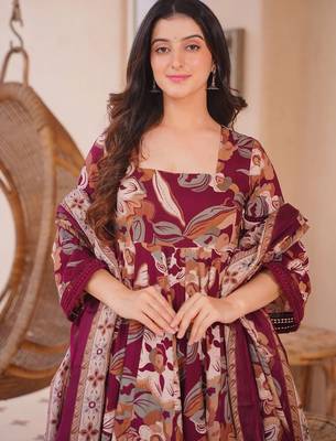 Maroon color designer cotton silk fabric designer printed readymade suit 3