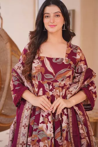 Maroon color designer cotton silk fabric designer printed readymade suit