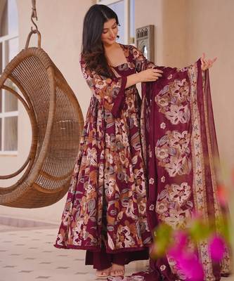 Maroon color designer cotton silk fabric designer printed readymade suit 4