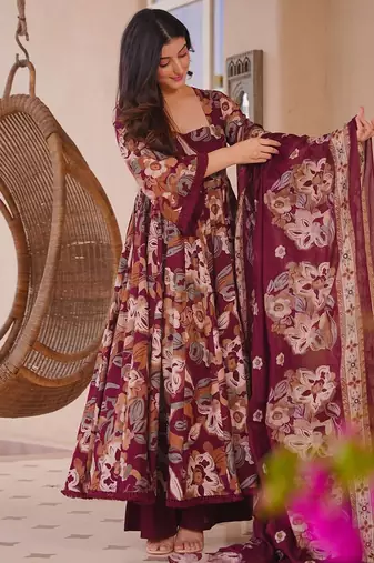 Maroon color designer cotton silk fabric designer printed readymade suit